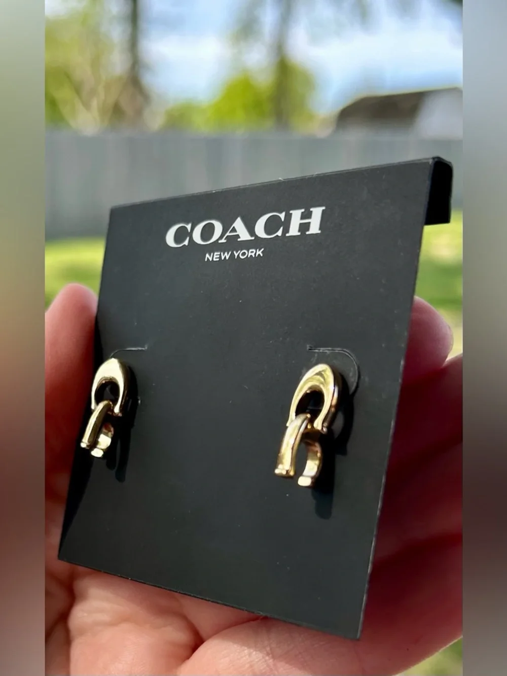 Coach New York Gold Signature C Double Drop Earrings NWT and Coach Gift Box - Picture 5 of 7
